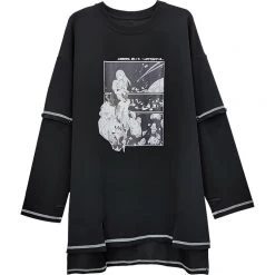 Juwas Japanese Cartoon Girls Print Split Long Hoodie