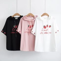 Juwas.com Online Store Cute Harajuku Girls' Strawberry Themed Loose Short-Sleeved Hoodie