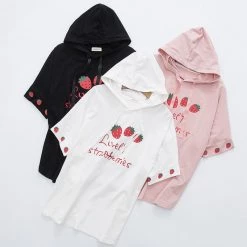 Juwas.com Online Store Cute Harajuku Girls' Strawberry Themed Loose Short-Sleeved Hoodie