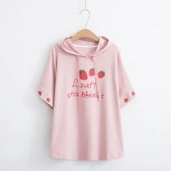 Juwas.com Online Store Cute Harajuku Girls' Strawberry Themed Loose Short-Sleeved Hoodie