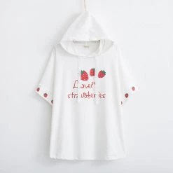 Juwas.com Online Store Cute Harajuku Girls' Strawberry Themed Loose Short-Sleeved Hoodie