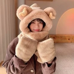 Juwas NEW ARRIVAL Bear Ear Hooded Scarf Gloves