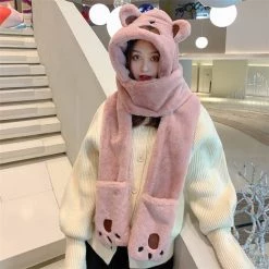 Juwas Cute Bear Hooded Scarf Gloves