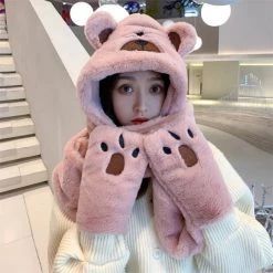 Juwas Cute Bear Hooded Scarf Gloves