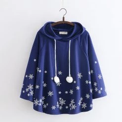Juwas Snowflake Print Cape Hooded Loose Sweatshirt