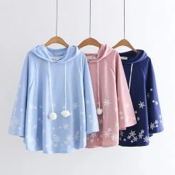 Juwas Snowflake Print Cape Hooded Loose Sweatshirt