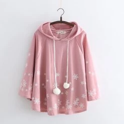 Juwas Snowflake Print Cape Hooded Loose Sweatshirt