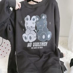 Juwas Rabbit NO VIOLENCE Print Plush Sweatshirt