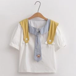 Juwas NEW ARRIVAL Cartoon Paw Embroidery Sailor Collar Summer T-shirt