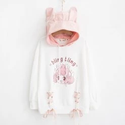 Juwas.com Online Store NEW ARRIVAL Cartoon Print Rabbit Ears Bow-Knot Long Sleeve Hoodie