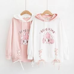 Juwas.com Online Store NEW ARRIVAL Cartoon Print Rabbit Ears Bow-Knot Long Sleeve Hoodie