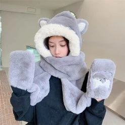 Juwas NEW ARRIVAL Lovely Cat Ears Warm Hooded Scarf Gloves