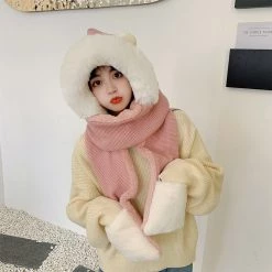 Juwas Lovely Ear Hooded Scarf Gloves CLOTHING