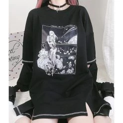 Juwas Japanese Cartoon Girls Print Split Long Hoodie