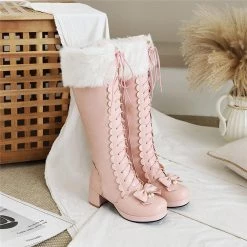 Juwas Lolita Bowknot Warm Knee High Boots Shoes