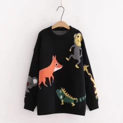Juwas NEW ARRIVAL Kawaii Animals Black Loose Cotton Sweater
