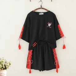 Juwas Kawaii Lace Black And Red Mask Deer Print Set