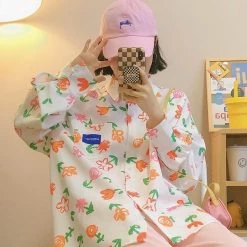 Juwas NEW ARRIVAL Japanese Flower Print Long Sleeve Shirt