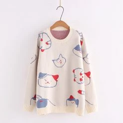 Juwas Kitty Print Round Collar Loose Sweater NEW ARRIVAL