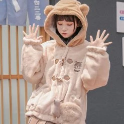 Juwas NEW ARRIVAL Cute Fuzzy Bear Embroidered Cotton Hooded Coat