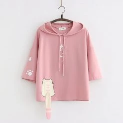 Juwas Cute Cat Tail Drawstring Hooded T-shirt