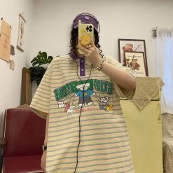 Juwas Vintage Cartoon Embroidery Stripe Loose T-shirt