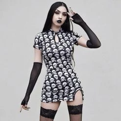 Juwas Dark Head Skull Cheongsam Mini Dress