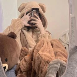 Juwas Brown Bear Hoodie Oversize Pajama Dress