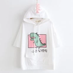 Juwas NEW ARRIVAL Cartoon Dinosaur Japanese Letters Print Front Pocket T-shirt