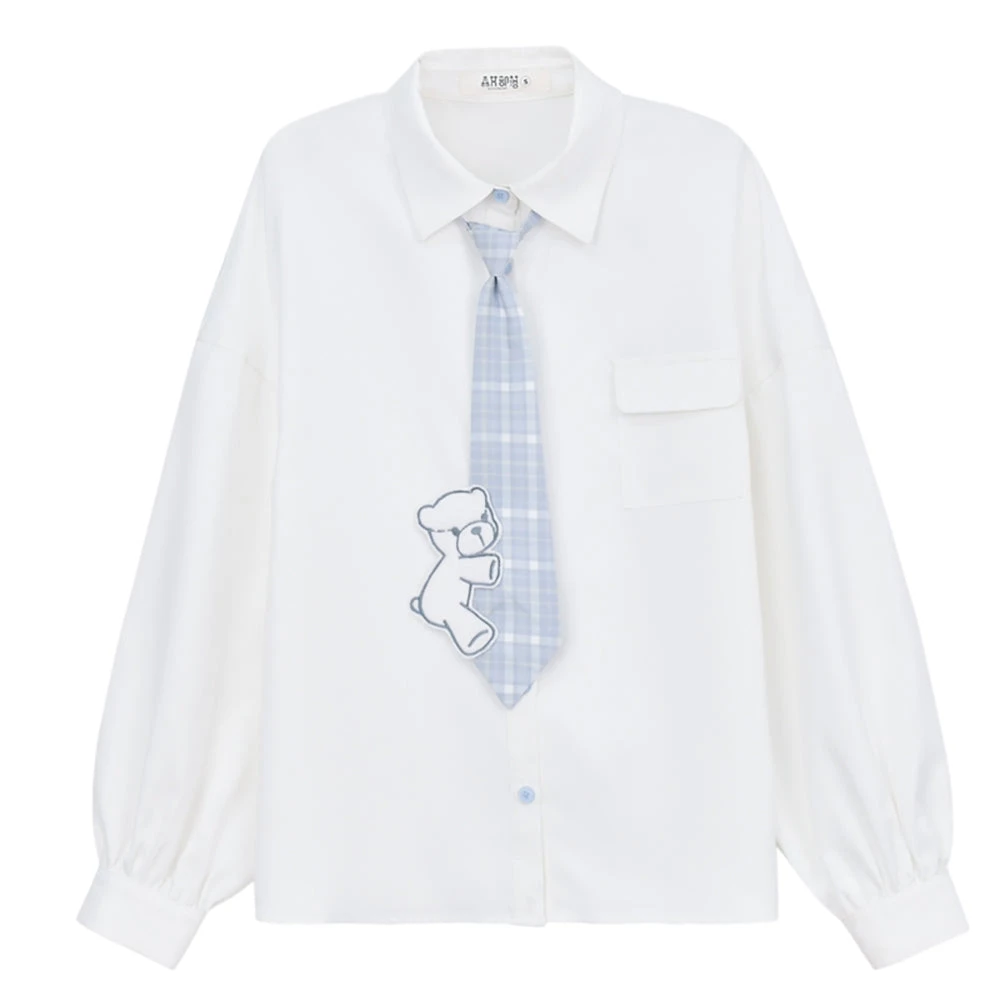 Juwas Kawaii Bear White Long Sleeve Polo Shirt Dress 10 Juwas Kawaii Bear White Long Sleeve Polo Shirt Dress