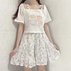 Juwas Cartoon Bear Print Off The Shoulder Short T-shirt