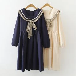 Juwas Sailor Collar Bow Knot Long Sleeve Dress CLOTHING
