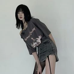 Juwas NEW ARRIVAL Goth Punk Print Irregular T-shirt