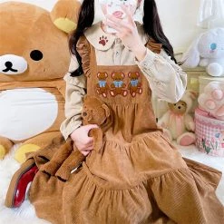 Juwas Bear Embroidery Corduroy Long Sleeve Dress NEW ARRIVAL