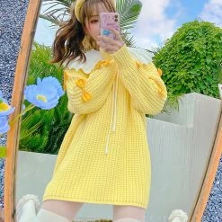 Juwas Yellow Knitted Ribbon Sleeve Collared Sweater NEW ARRIVAL