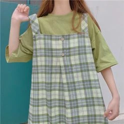 Juwas CLOTHING Green Plaid Long Dress Oversized Shirt Set