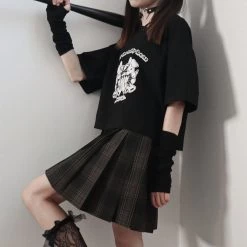 Juwas NEW ARRIVAL Gothic Kawaii Print Cross Neck T-Shirt