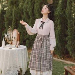 Juwas CLOTHING Vintage Plaid Tie-Up Belt Midi Long Skirt