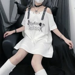 Juwas Gothic Letters Rose Print Off-The-Shoulder Long T-shirt NEW ARRIVAL