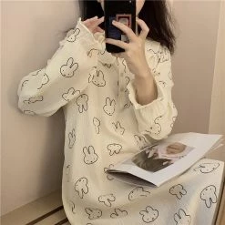 Juwas CLOTHING Lovely Rabbit Print Comfy Cotton Long Pajamas Dress