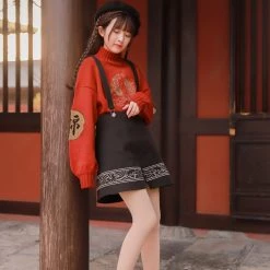 -Juwas Vintage Koi Fish Mock Neck Sweater And Skirt NEW ARRIVAL