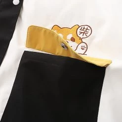 Juwas Cartoon Shiba Inu Print Color Block Pocket Hoodie CLOTHING