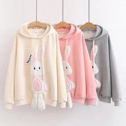 Juwas Cute Bunny Embroidery Warm Hoodie CLOTHING