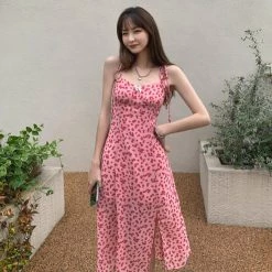 Juwas Pink Leopard Spaghetti Maxi Dress