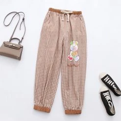 Juwas Cartoon Bear Print Plaid Pants NEW ARRIVAL