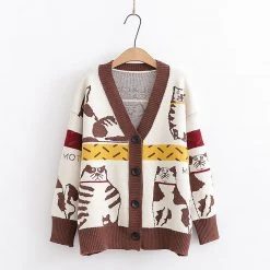 Juwas Cartoon Kitty Loose Cardigan Sweater