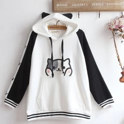 Juwas Kitty Print Pocket Student Hoodie NEW ARRIVAL