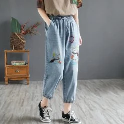 Juwas Cartoon Elephant Embroidery Elastic Waist Cropped Jeans