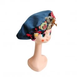 Juwas Vintage Bear Bowknot Flower Embroidery Denim Beret CLOTHING