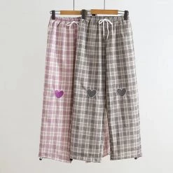 Juwas Sweet Love Heart Plaid Elastic Waist Pants NEW ARRIVAL